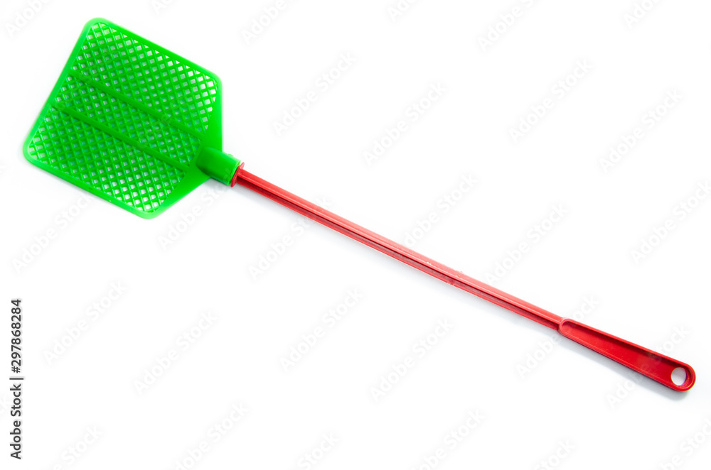 Naklejka premium Flapper for insects. Green with a red pen on a white background. Macro