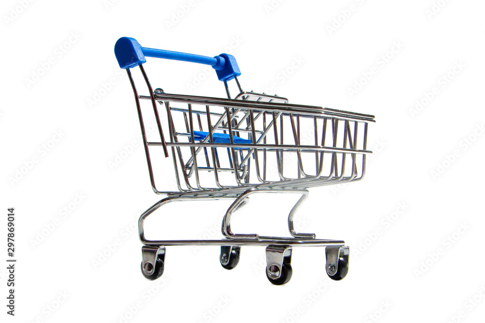 Empty shopping trolley isolated on white, closeup Empty shopping trolley isolated on white, closeup