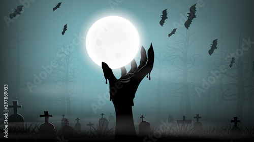 Halloween concept, zombie hand holding moon in scary background