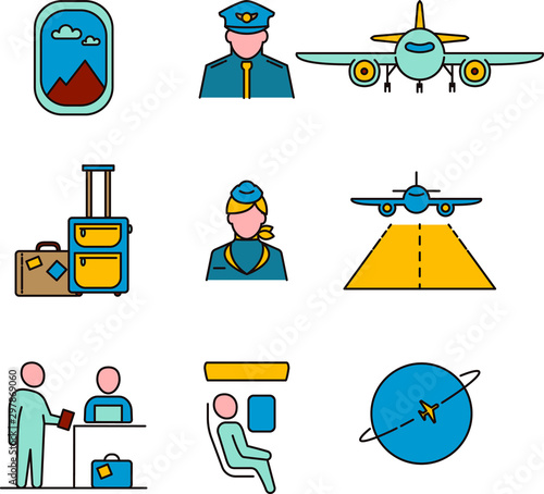 Set of colored vector icons aviation. Pilot, airplane, luggage, cabin crew, passengers .Flat Illustration. 