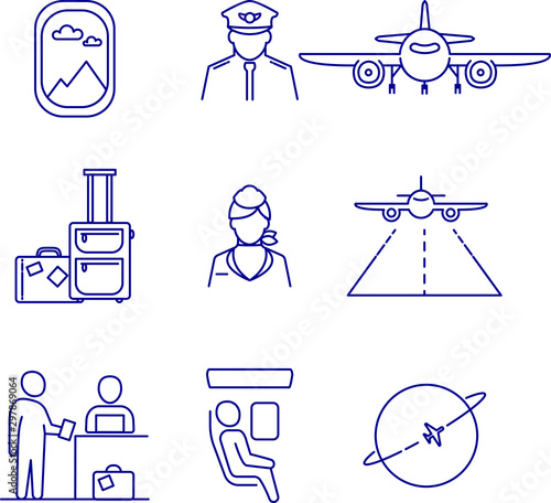 Set of aviation icons. Outline illustration. Vector icons of airplane, pilot, cabin crew. 
