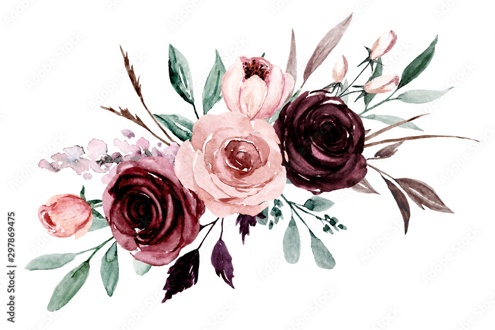 Pink, purple flowers watercolor, floral clip art. Bouquet roses perfectly for printing design on invitations, cards, wall art and other. Border isolated on white background. Hand painting.  - obrazy, fototapety, plakaty 
