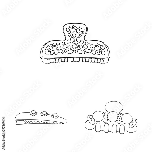 Vector illustration of hairdressing and hairclip sign. Set of hairdressing and accessories stock vector illustration.