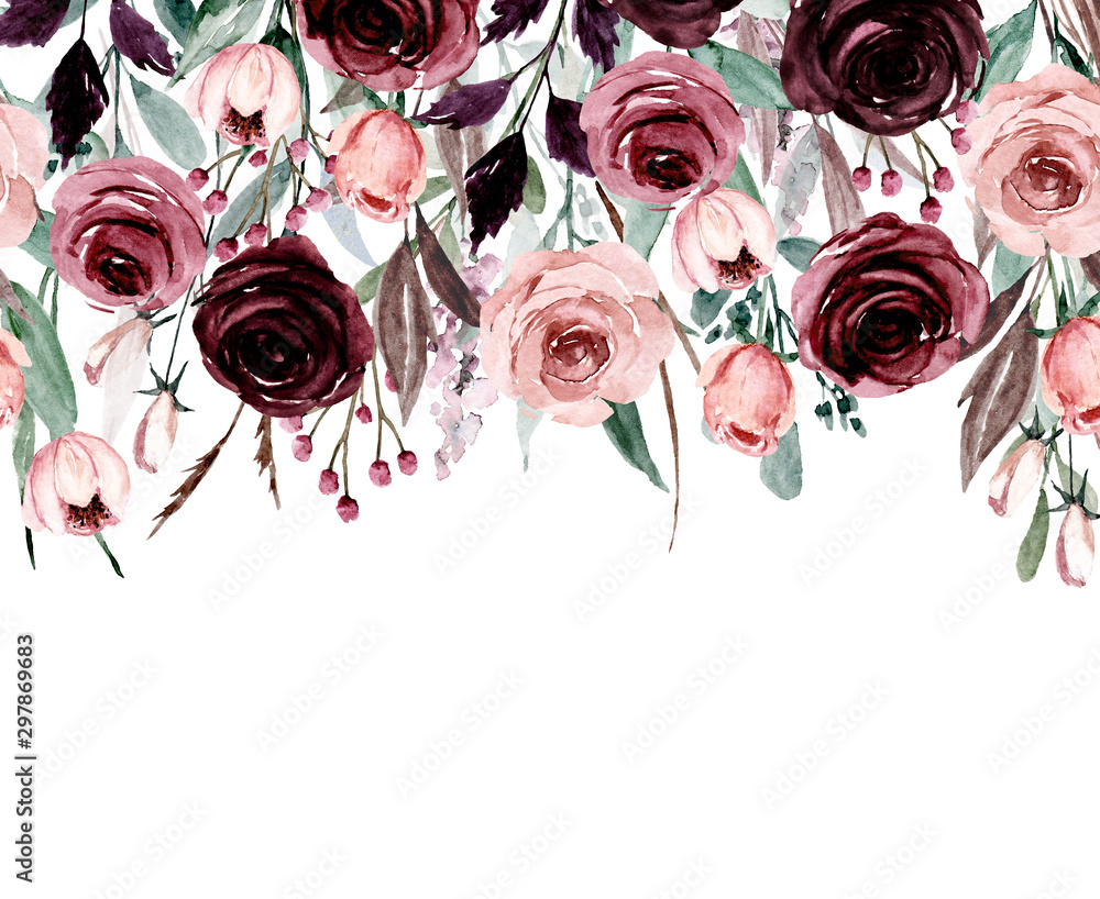 Obraz Banner, pattern with watercolor pink and purple flowers, botanical hand painting border, isolated on white. Perfectly for web design, greeting, wedding invitation, fabric and other printing.