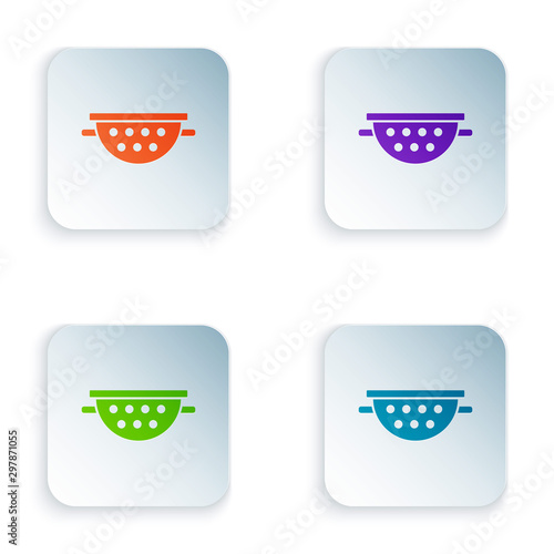 Color Kitchen colander icon isolated on white background. Cooking utensil. Cutlery sign. Set icons in colorful square buttons. Vector Illustration