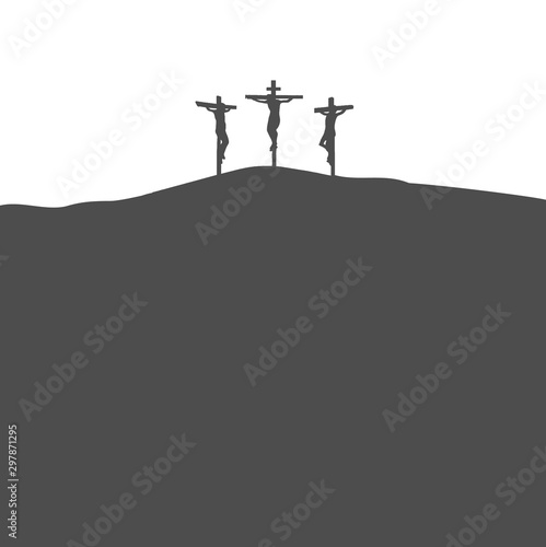 Easter Crucifixion Three Crosses with Jesus in Middle Silhouette on Mountain Isolated on White Background Religious God Biblical 