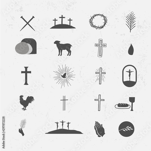 Fototapet Easter Icon Vector Pack Crosses Nails Resurrection Tomb Lamb Blood Crown of Thor