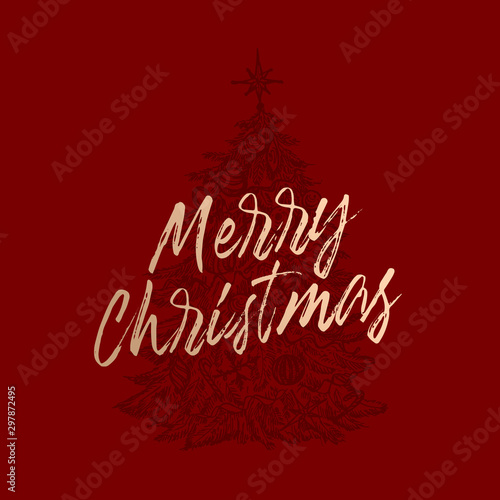 Merry Christmas Abstract Vector Retro Label, Sign or Card Template. Hand Drawn Pine Tree Decorated with Toys Sketch Illustration with Brush Like Retro Golden Typography. Premium Red Background