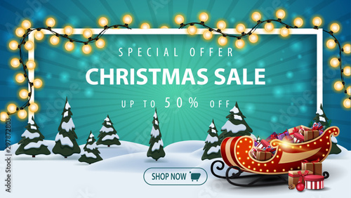 Special offer, Christmas sale, up to 50% off, beautiful discount banner with cartoon winter landscape with pines and Santa Sleigh with presents