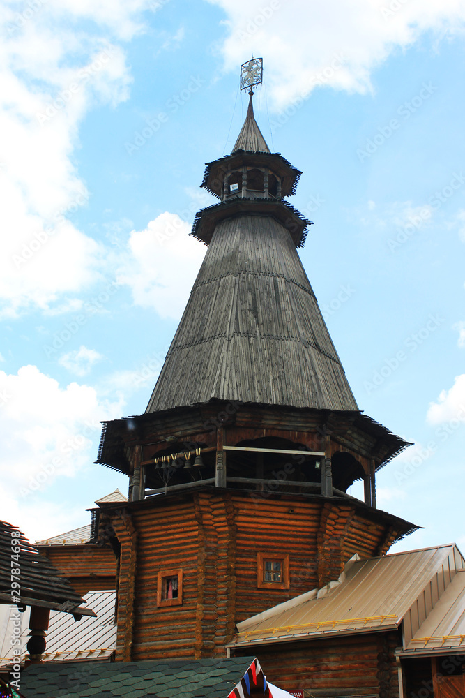 Old wooden building tower. Classic russian architecture in Izmailovo Kremlin in Moscow, Russia 