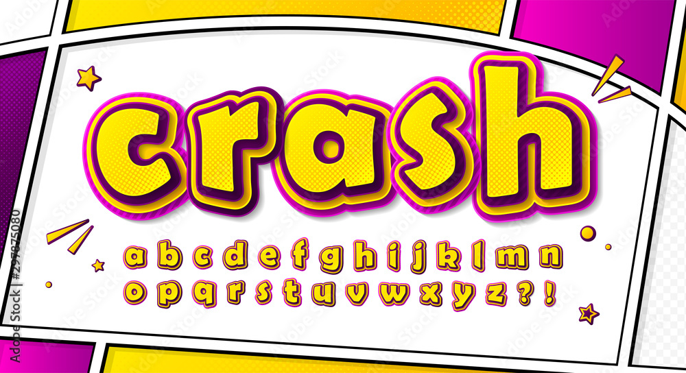 Comic font. Cartoonish alphabet on comic book page