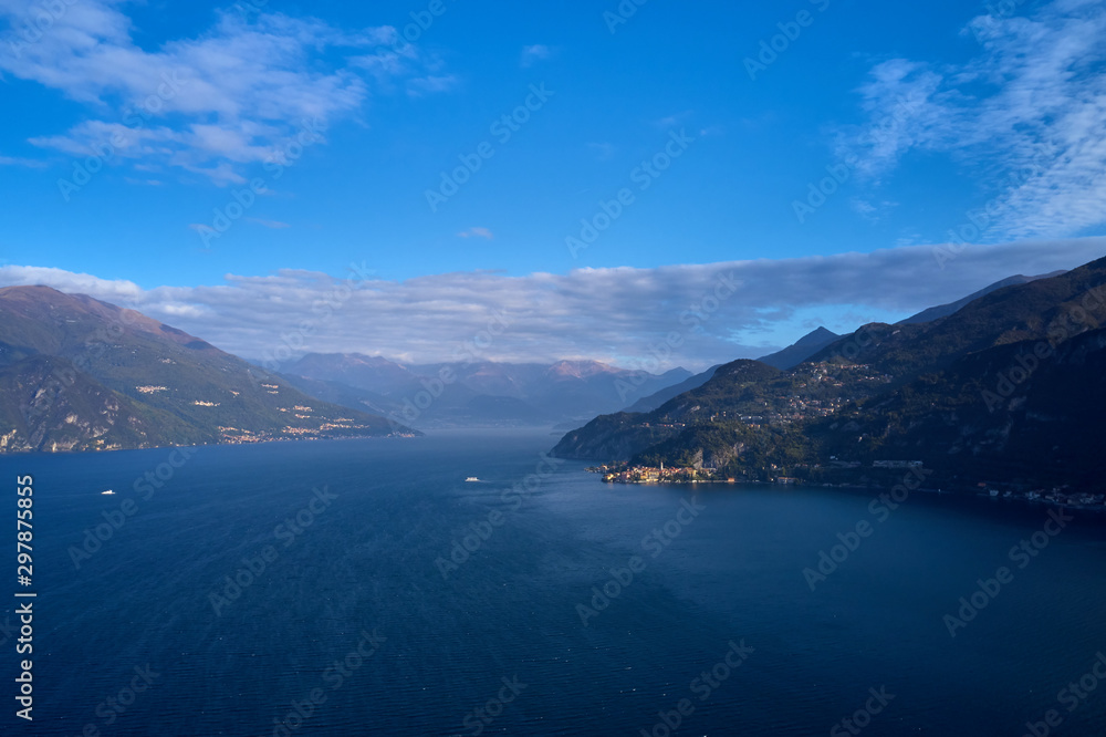 Panoramic view of Lake Como, the city of Varenna. Aerial view. Autumn season