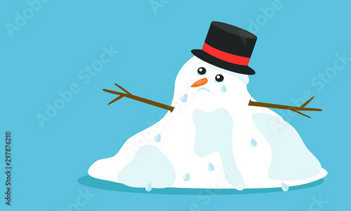 Cuite sad melting snowman with hat and tears in flat cartoon style, isolated on blue background. Vector EPS 10 illustration