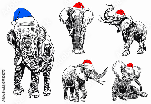 Graphical set of elephants in Santa Claus hats isolated on white background,vector new year illustration