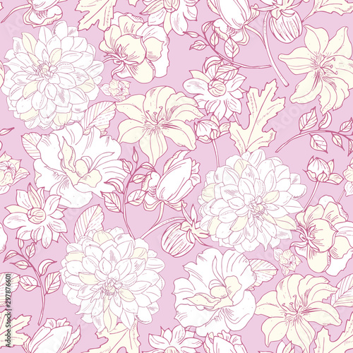 elegant floral seamless pattern. Vintage monochrome peonies  chrysanthemums on a light background. Spring  summer holidays presents and gifts wrapping paper  For textiles  packaging  fabric  wallpaper
