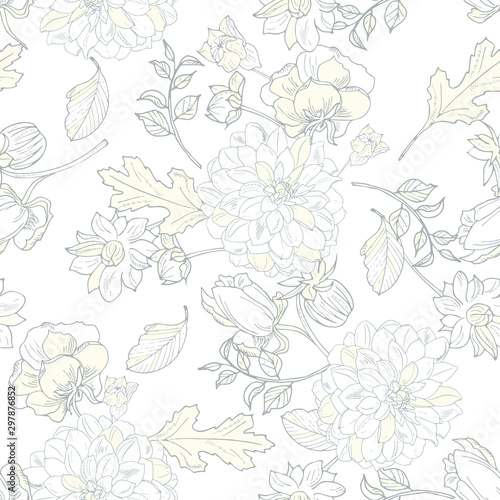 elegant floral seamless pattern. Vintage monochrome peonies, chrysanthemums on a light background. Spring; summer holidays presents and gifts wrapping paper; For textiles; packaging; fabric; wallpaper