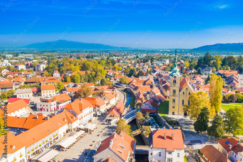Croatia, town of Samobor, main square and church tower aerial view
