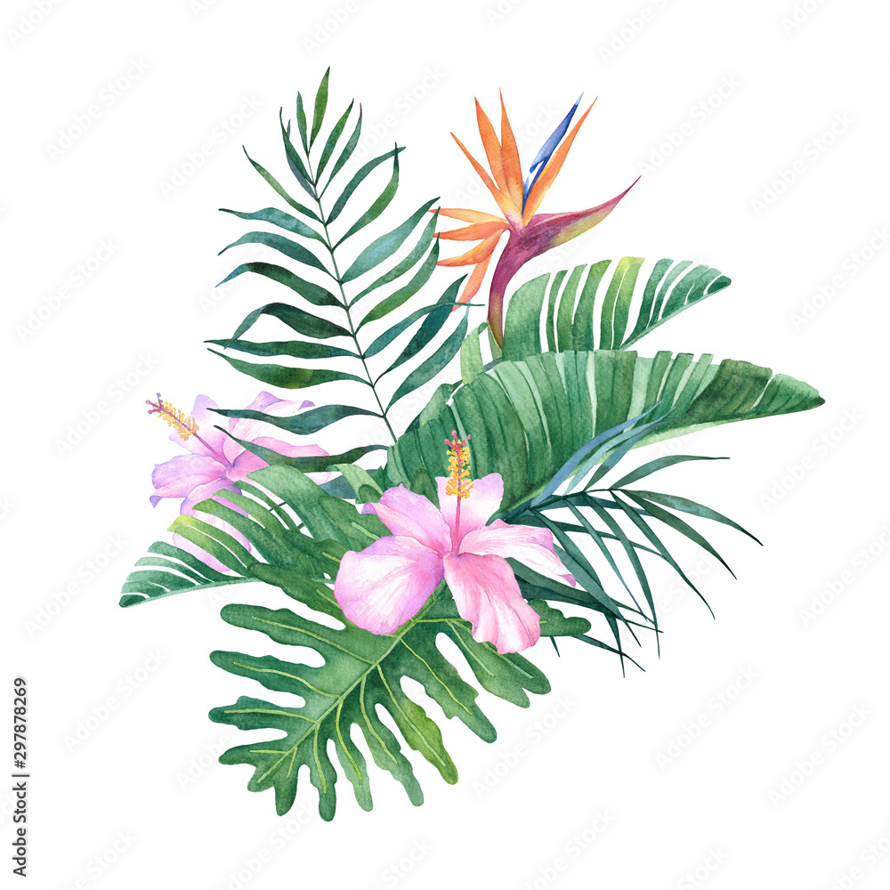 Fototapeta premium Tropical watercolor bouquet of their hibiscus and strelitzia leaves and flowers on white background for design.