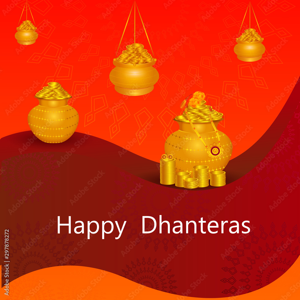 vector illustration of Gold Kalash with decorated diya for Happy Dhanteras Diwali festival holiday celebration of India greeting background vector illustration of Gold Kalash with decorated diya for Happy Dhanteras Diwali festival holiday celebration of India greeting background