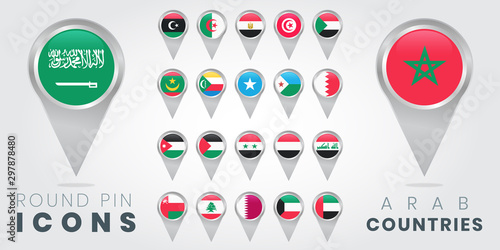 Round pin icons of Arab countries flags, Map pointers