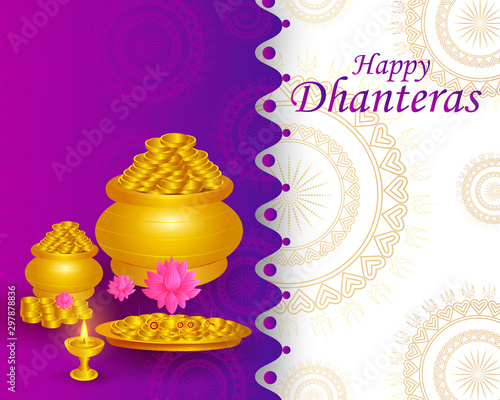 vector illustration of Gold Kalash with decorated diya for Happy Dhanteras Diwali festival holiday celebration of India greeting background