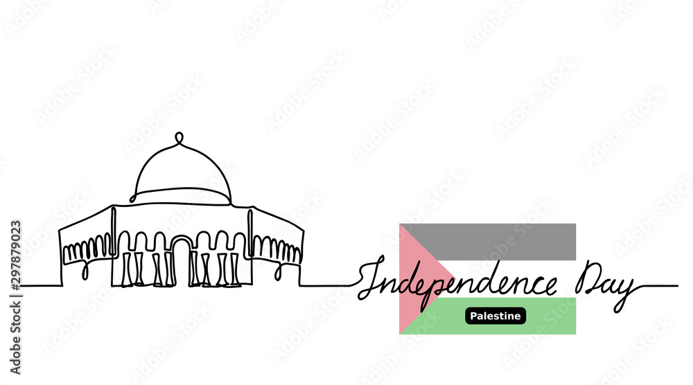 Palestine Independence day vector background. Mosque Dome on Rock (Al-Aqsa) and flag. One, continuous line drawing contour, outline with lettering Independence day.