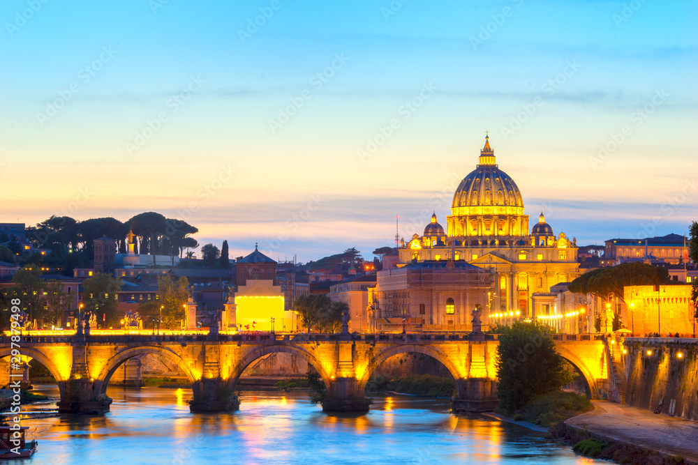St. Peter's basilica in Vatican at dusk. Italy;