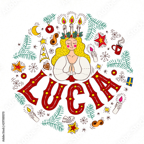 Happy Lucia Day handwritten lettering poster, card, invitation, banner. Vector illustration EPS 10. photo