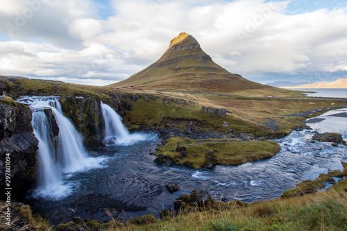 The most beautiful mountain in Iceland with waterfalls in the foreground