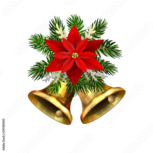 Christmas decorations with fir tree golden jingle bells photo