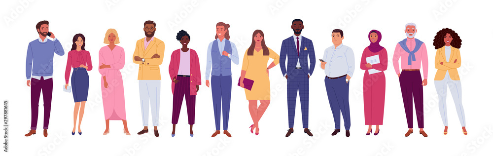 Office multinational team. Vector illustration of diverse cartoon men and women of various races, ages and body type. Isolated on white. - obrazy, fototapety, plakaty 