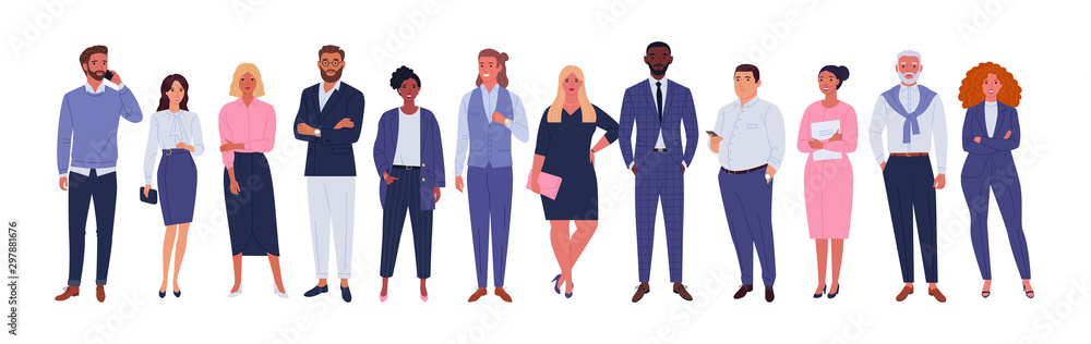 Naklejka Międzynarodowy zespół biznesowy. Ilustracja wektorowa różnych mężczyzn i kobiet z kreskówek z różnych ras, w różnym wieku i w typie sylwetki w strojach biurowych. Na białym tle.
