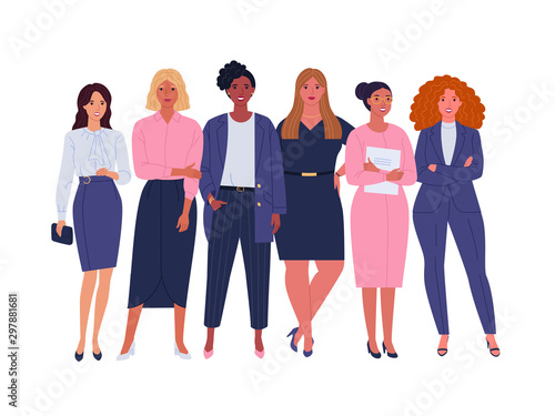 Business ladies team. Vector illustration of diverse standing cartoon women in office outfits. Isolated on white.