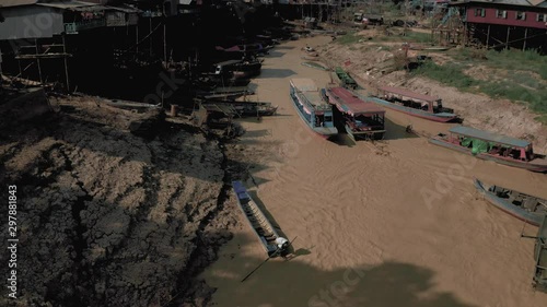 Drone flight over the river in Floating Village in Cambodia, Pean Bang, Tonle Sap Lake 4k