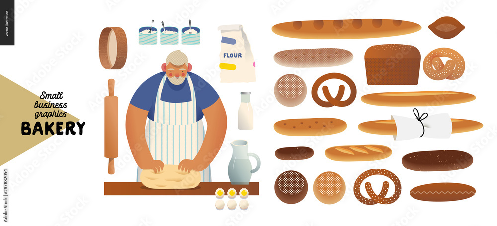 Bakery -small business illustrations -baker and bread - modern flat vector concept illustration of a baker kneading the dough. Weat, rye bread, loaf, grain, pretzel, bun, roll, french baguette Bakery -small business illustrations -baker and bread - modern flat vector concept illustration of a baker kneading the dough. Weat, rye bread, loaf, grain, pretzel, bun, roll, french baguette
