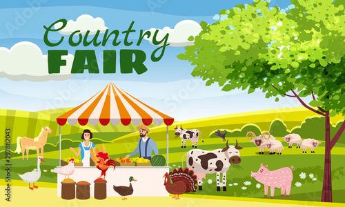 Country Fair Farmer Family Sell Harvest Products Grocery On Eco Farm Organic