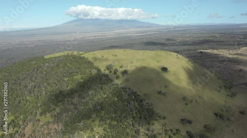 Aerial, green hill half cleared of trees, small cloudy mountain on horizon photo