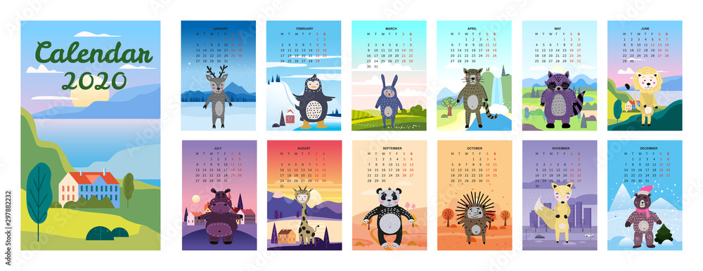 2020 Calendar Cute Animals Characters background landscapes minimal style. Monthly Vector