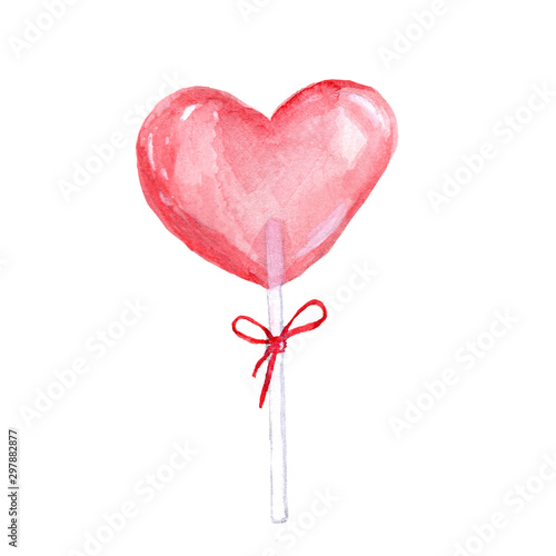 Heart shaped lollipop with ribbon. Hand-drawn, watercolor. Isolated on white. Valentines day. Sweet. Candy heart. Red. Love. Romantic concept.