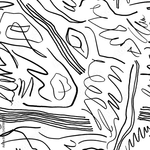 Scribbles hand drawn seamless pattern. Irregular figures and curve lines doodle drawing.