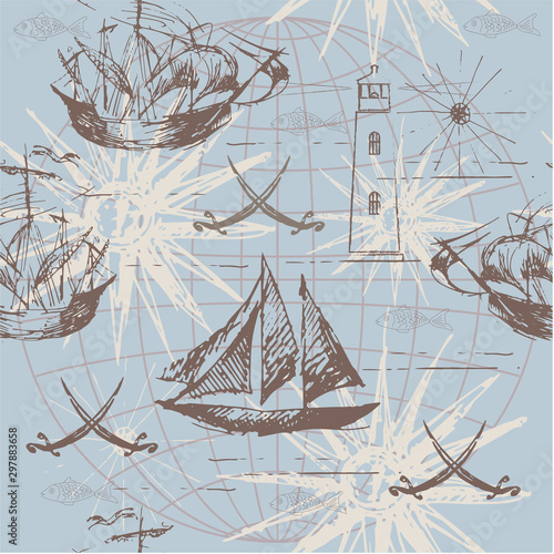 Vector abstract seamless background on the theme of travel, adventure and discovery. Old hand drawn map with vintage sailing yachts, wind rose, routs, nautical symbols and handwritten inscriptions