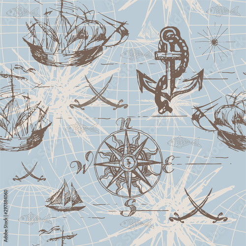 Vector abstract seamless background on the theme of travel, adventure and discovery. Old hand drawn map with vintage sailing yachts, wind rose, routs, nautical symbols and handwritten inscriptions