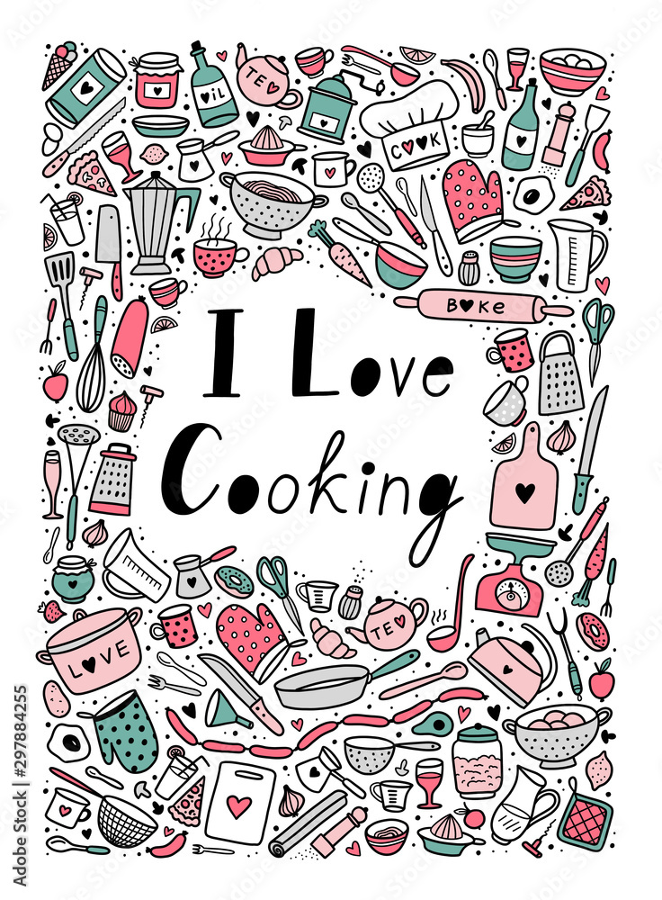 Food poster print. I love cooking. Lettering for kitchen cafe restaurant. 