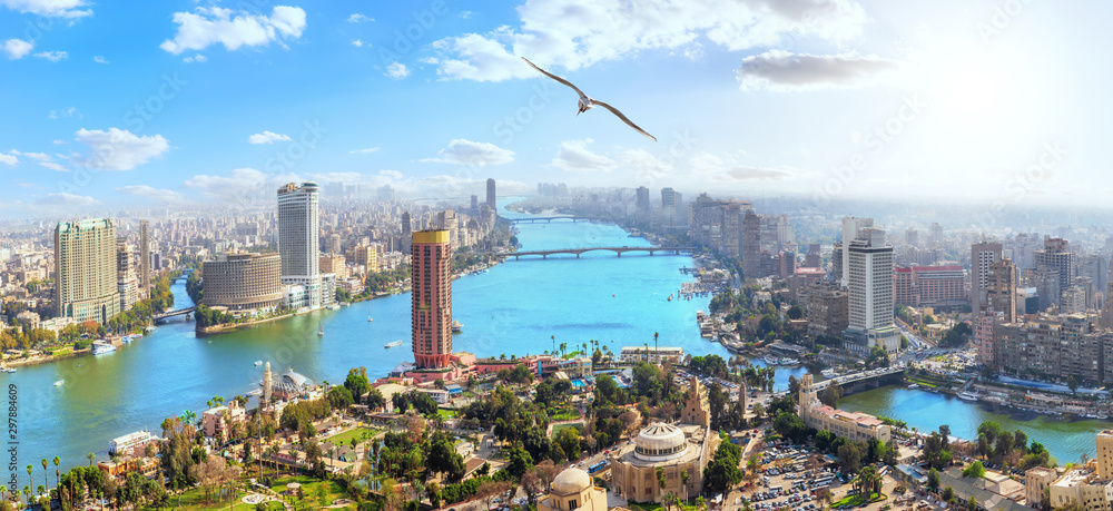 Modern Cairo downtown, view on the Nile from the TV Tower, Egypt