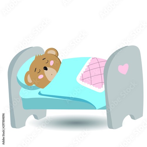 Cute baby bear is sleeping in his bed. Happy sweet little boy. Concept with character in flat style.