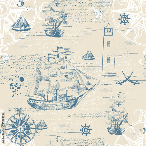 Vector abstract seamless background on the theme of travel, adventure and discovery. Old hand drawn map with vintage sailing yachts, wind rose, routs, nautical symbols and handwritten inscriptions photo
