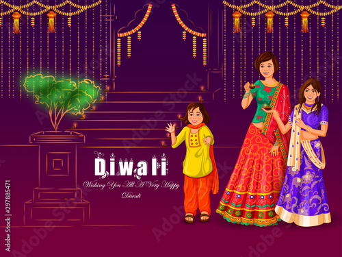 vector illustration of Indian family people celebrating Happy Diwali festival holiday of India
