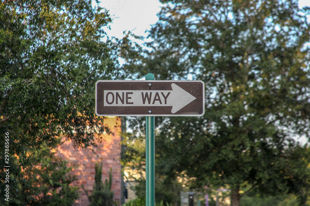 One-way street, an informing sign. In the background, a beautiful landscape of trees and shrubs in the late afternoon.