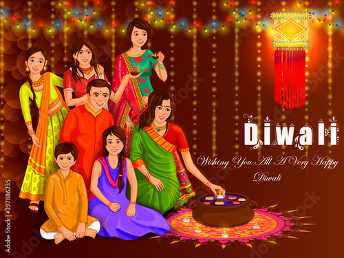 vector illustration of Indian family people celebrating Happy Diwali festival holiday of India