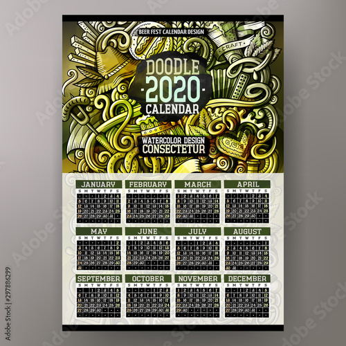 Cartoon colorful hand drawn doodles Beer fest 2020 year calendar template
